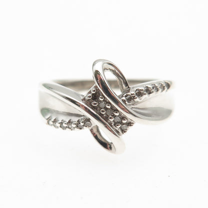 SUN 925 Sterling Silver Real Round-Cut Diamond Bypass Ring Size 6.75