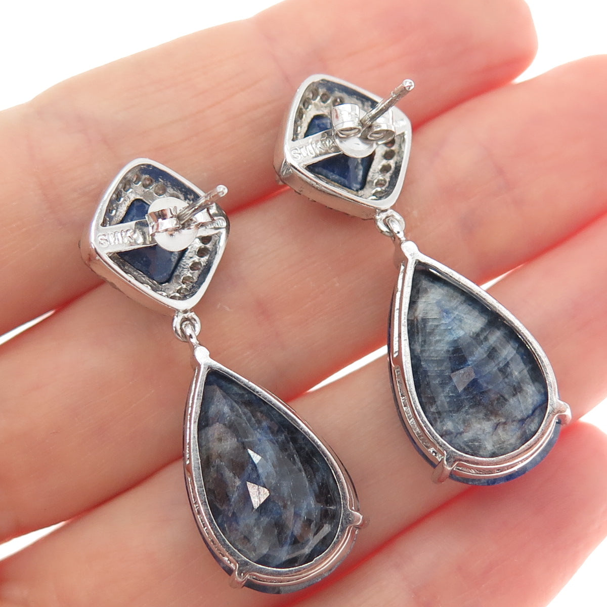 925 Sterling Silver Real Diamond & Sapphire Dangle Earrings
