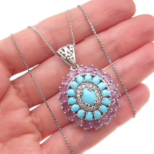 D'Joy 925 Sterling Silver Real Turquoise Ruby & White Topaz Chain Necklace 20"