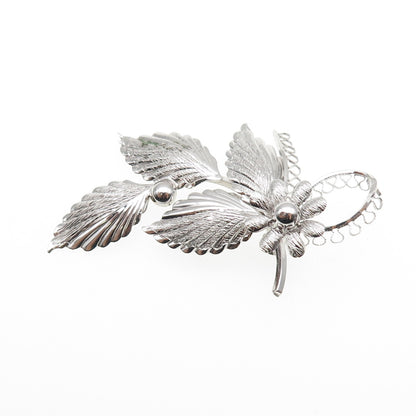 Star-Art 925 Sterling Silver Antique Art Deco Flower & Leaf Oxidized Pin Brooch