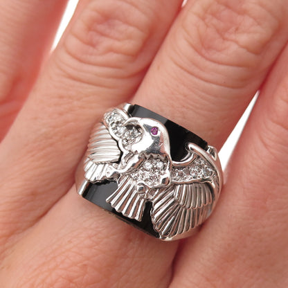 925 Sterling Silver Real Black Onyx Pink & White C Z Eagle Ring Size 9.5