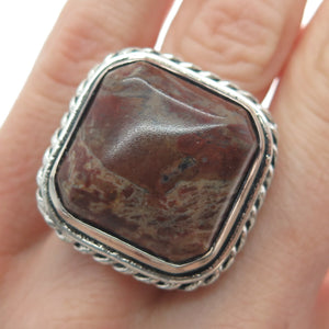 925 Sterling Silver Vintage Real Jasper Twisted Bezel Oxidized Ring Size 8