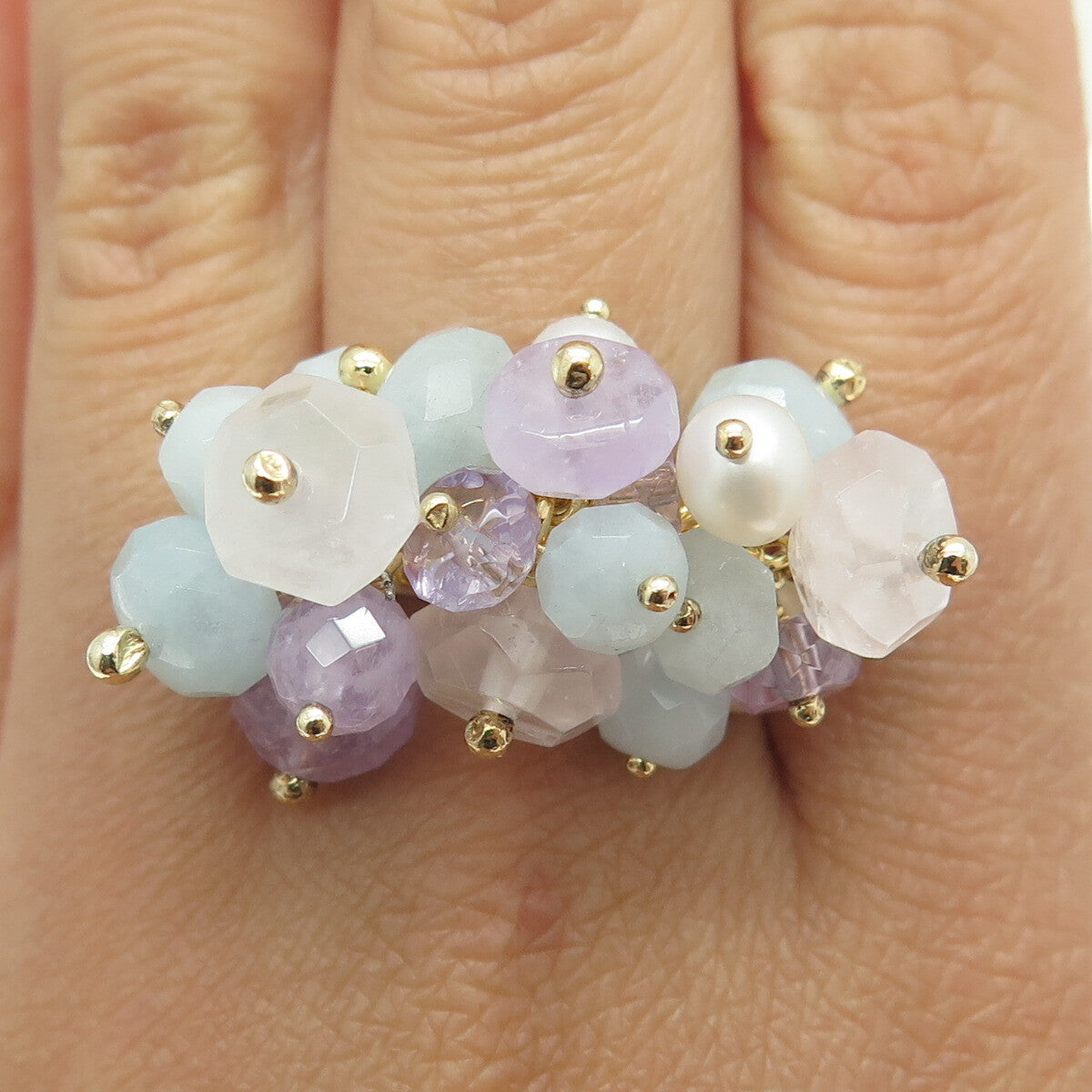 DALIA 925 Sterling Gold Plated Pearl Quartz Amethyst & Aquamarine Ring Size 9.75