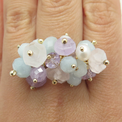 DALIA 925 Sterling Gold Plated Pearl Quartz Amethyst & Aquamarine Ring Size 9.75