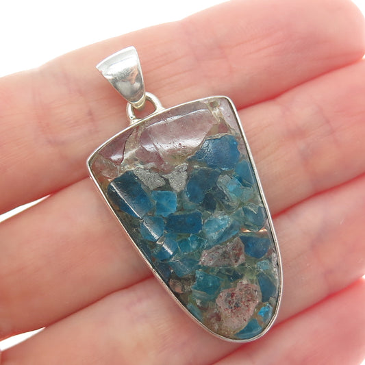 925 Sterling Silver Vintage Real Multi-Color Tourmaline Inlay Modernist Pendant