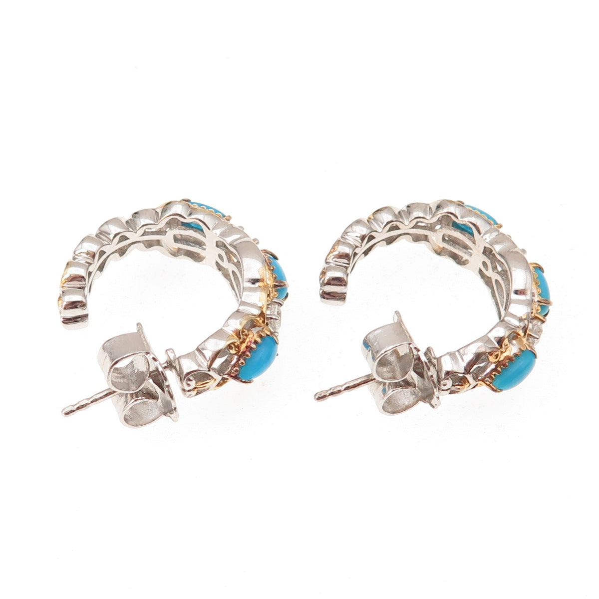 925 Sterling 2-Tone Real Sleeping Beauty Turquoise & White Topaz Hoop Earrings