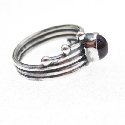 925 Sterling Silver Vintage Real Amethyst Modernist Oxidized Ring Size 8.25