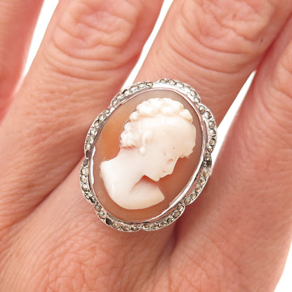 925 Sterling Silver Antique Art Deco Real MOP & Marcasite Lady Cameo Ring Size 9
