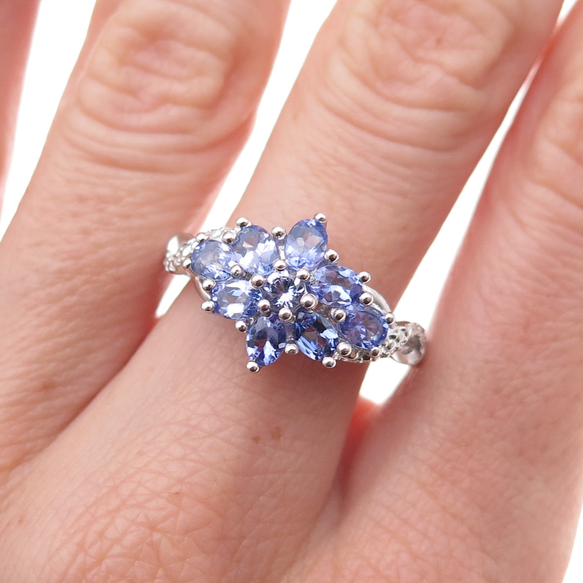 Chuck Clemency 925 Sterling Silver Real Multi-Cut Tanzanite Floral Ring Size 8
