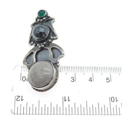I. HEMME 925 Sterling Silver Vintage Jasper Hematite Chalcedony Oxidized Brooch