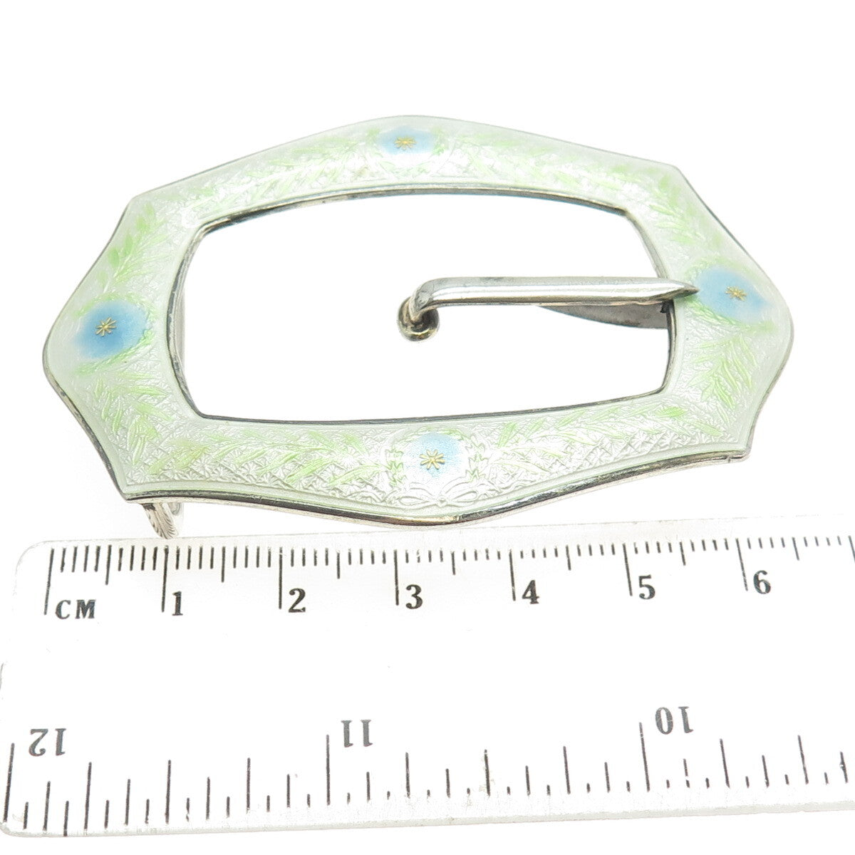 925 Sterling Silver Antique Art Deco Guilloche Enamel Flower Belt Buckle