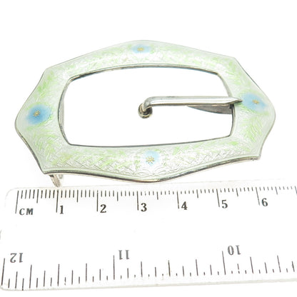 925 Sterling Silver Antique Art Deco Guilloche Enamel Flower Belt Buckle