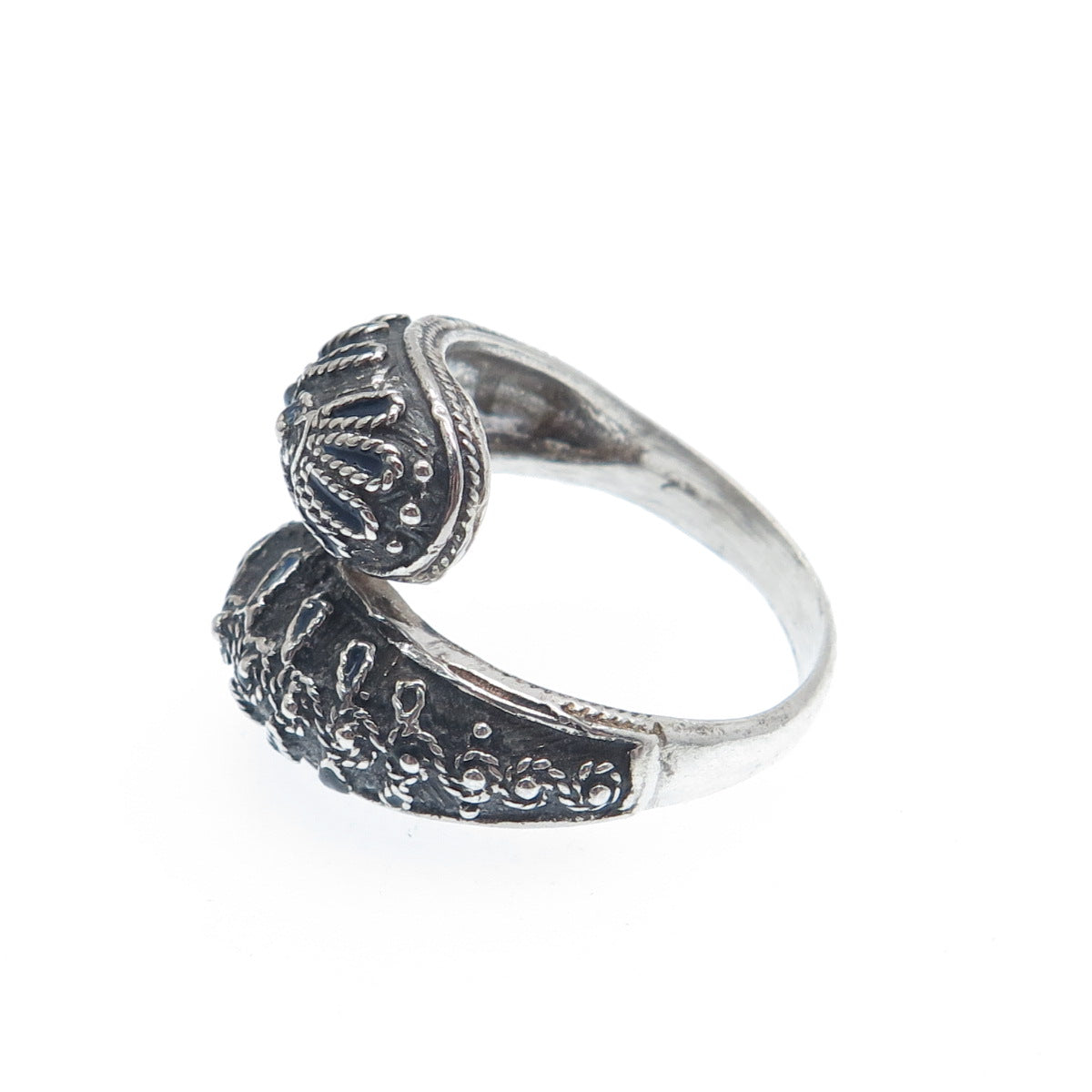 900 Silver Vintage Enamel Filigree Bypass Oxidized Ring Size 6.75