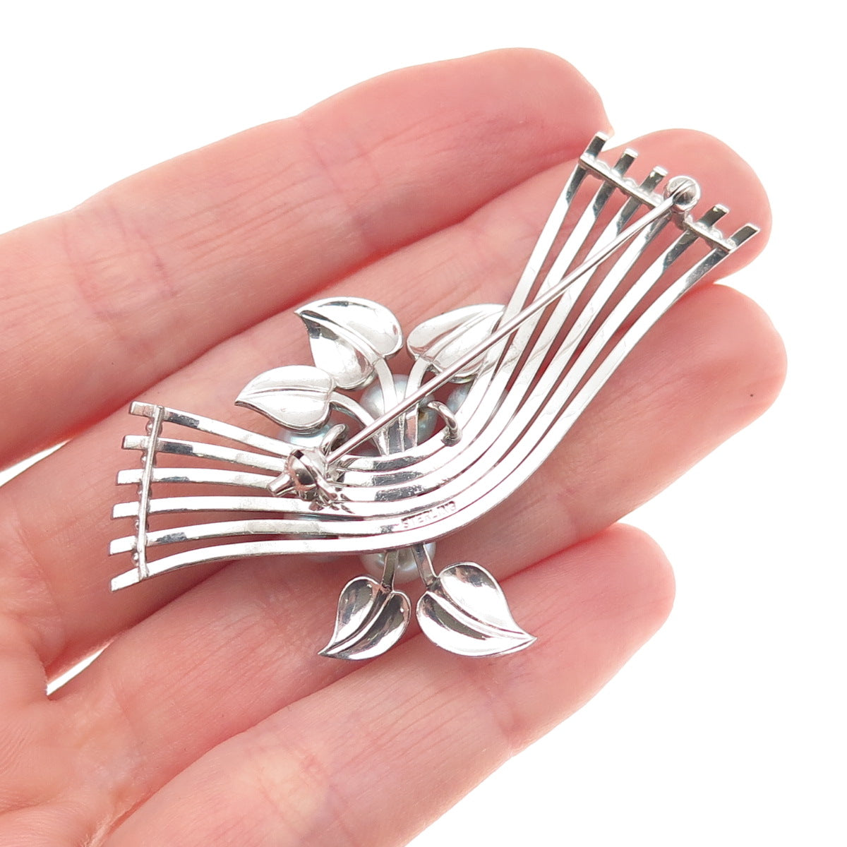 925 Sterling Silver Antique Art Deco Real Akoya Pearl Floral Pin Brooch