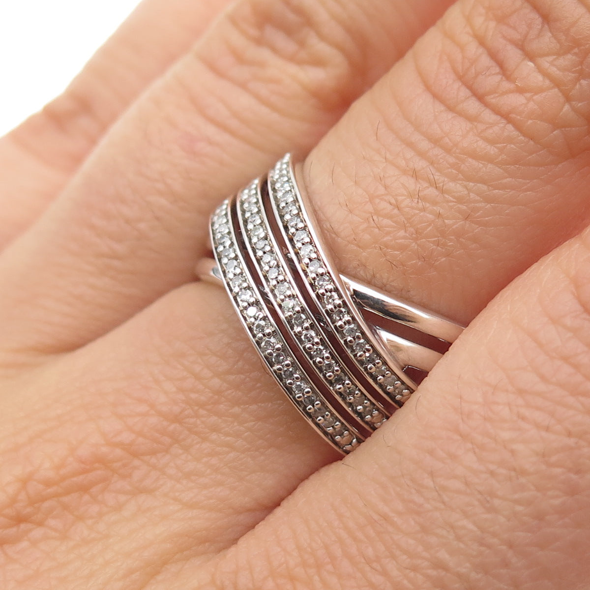 SUN 925 Sterling Silver Real Round-Cut Diamond Crisscross Ring Size 7