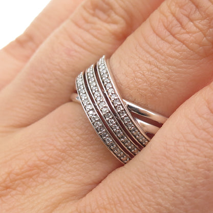 SUN 925 Sterling Silver Real Round-Cut Diamond Crisscross Ring Size 7