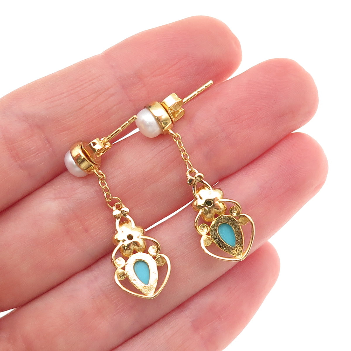 925 Sterling Gold Plated Real Turquoise Pearl & Peridot Floral Dangle Earrings
