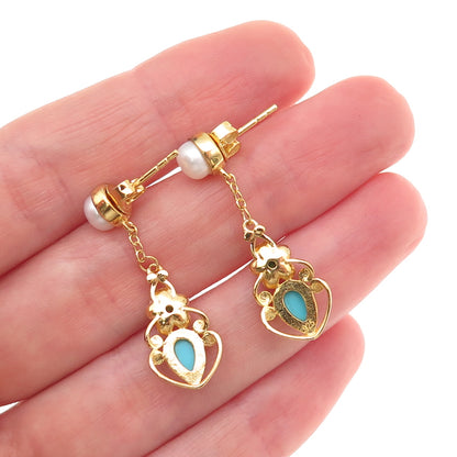 925 Sterling Gold Plated Real Turquoise Pearl & Peridot Floral Dangle Earrings