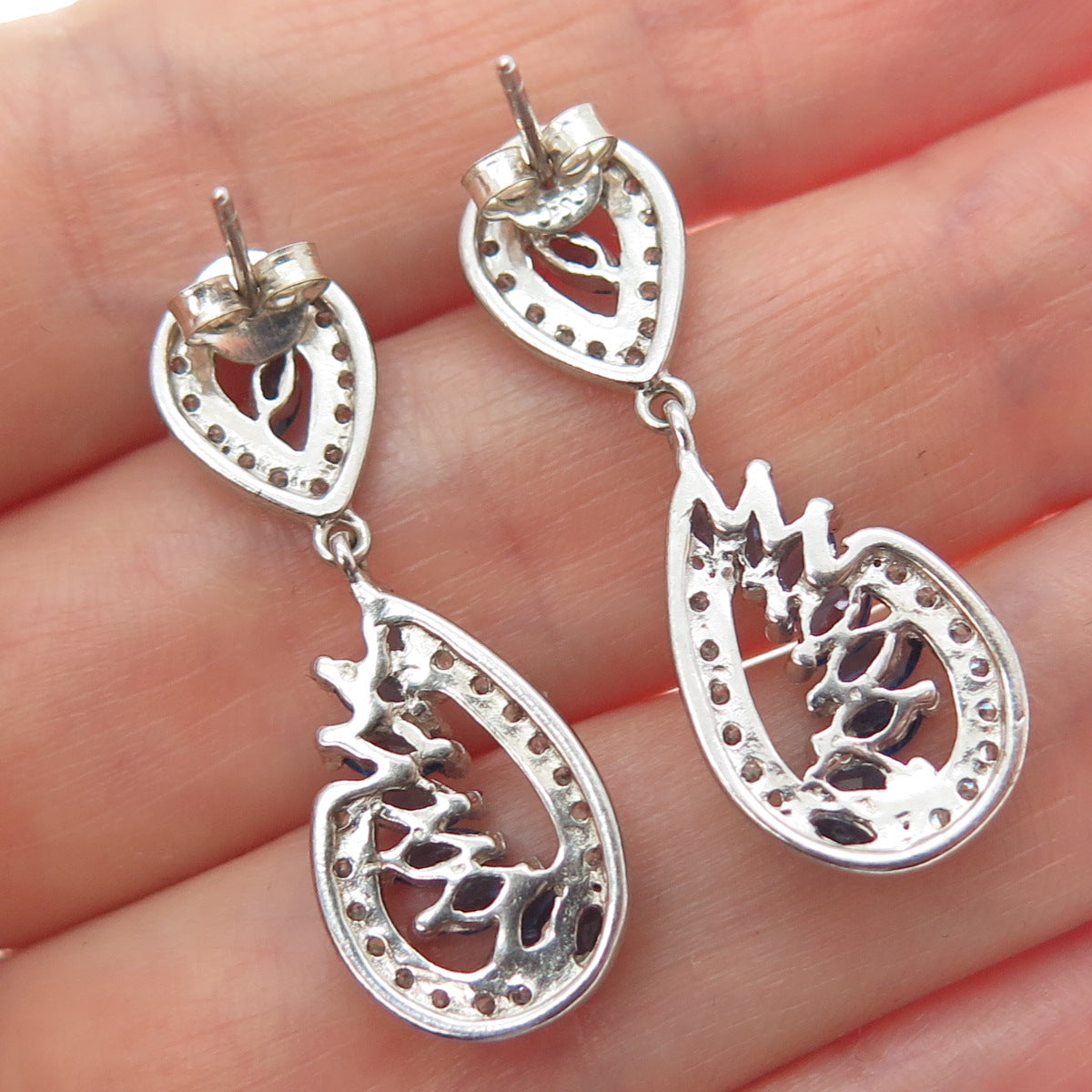 925 Sterling Silver Marquise & Round-Cut Blue White C Z Dangle Earrings