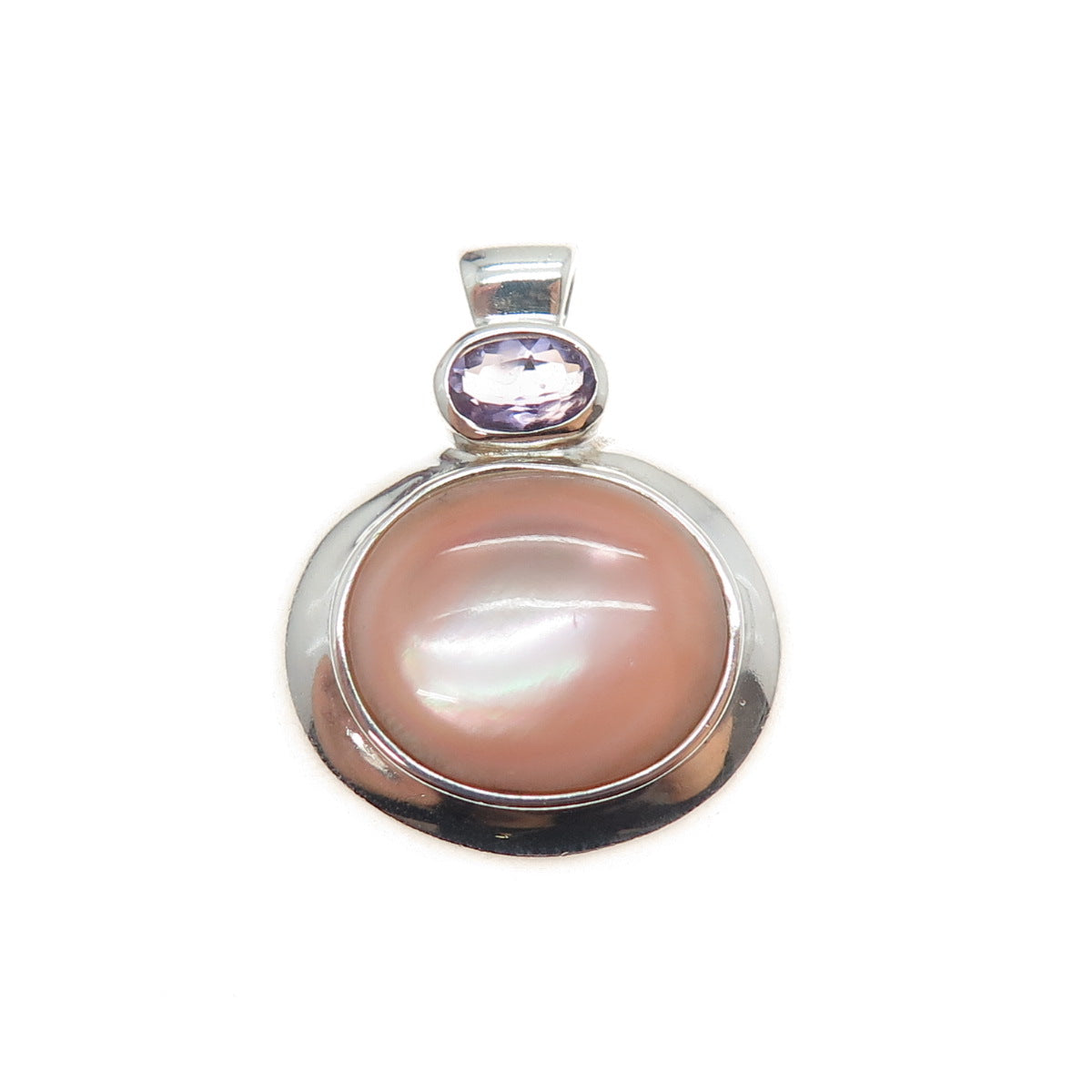 925 Sterling Silver Vintage Real MOP & Amethyst Modernist Charm Pendant