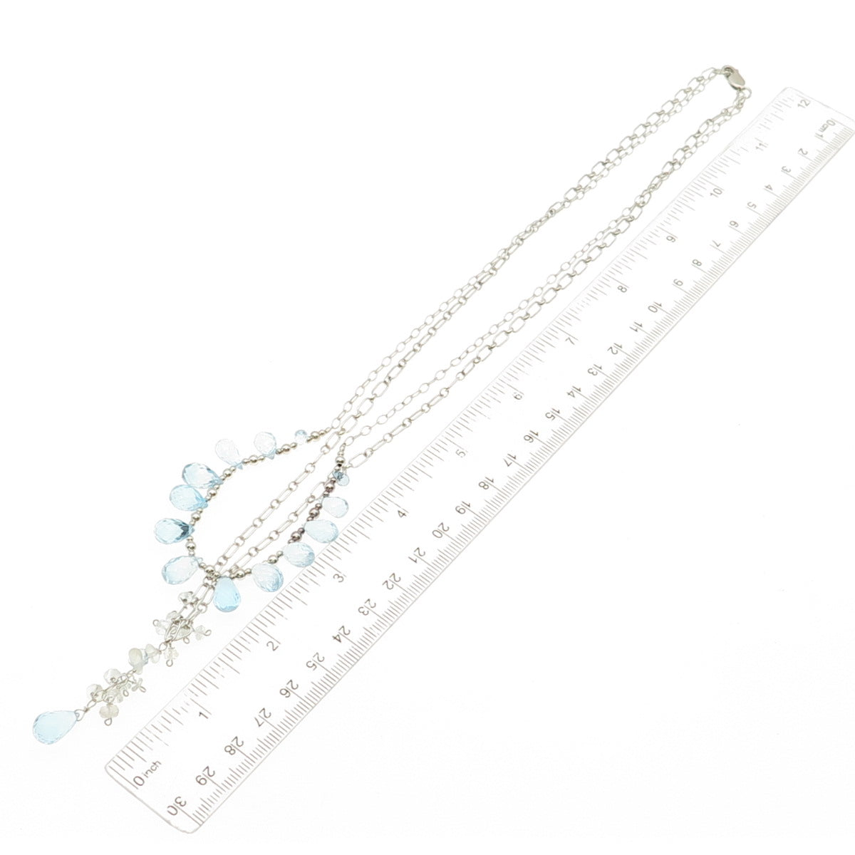 925 Sterling Vintage Real Blue Topaz & Clear Quartz Double Chain Necklace 20"