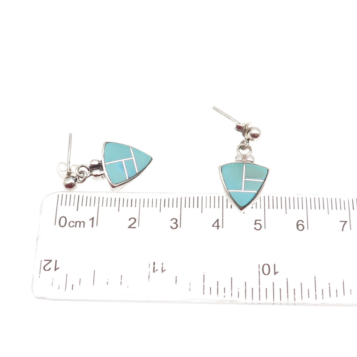 925 Sterling Silver Vintage Real Tyrone Turquoise Triangle Dangle Earrings