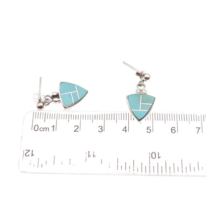 925 Sterling Silver Vintage Real Tyrone Turquoise Triangle Dangle Earrings