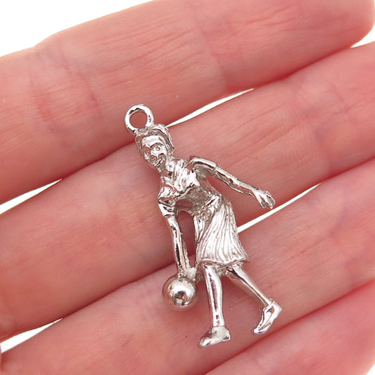 925 Sterling Silver Vintage Female Bowling Player Oxidized 3D Charm Pendant