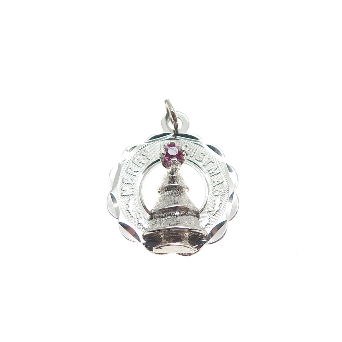 CREA Sterling Silver Vintage Pink Rhinestone Merry Christmas Minimalist Pendant