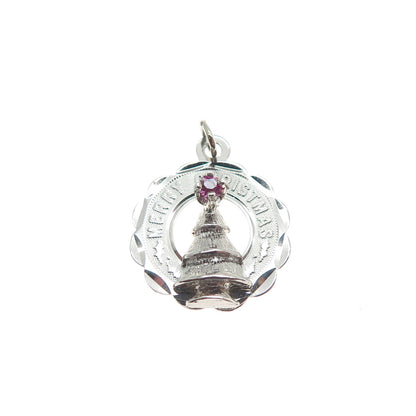 CREA Sterling Silver Vintage Pink Rhinestone Merry Christmas Minimalist Pendant