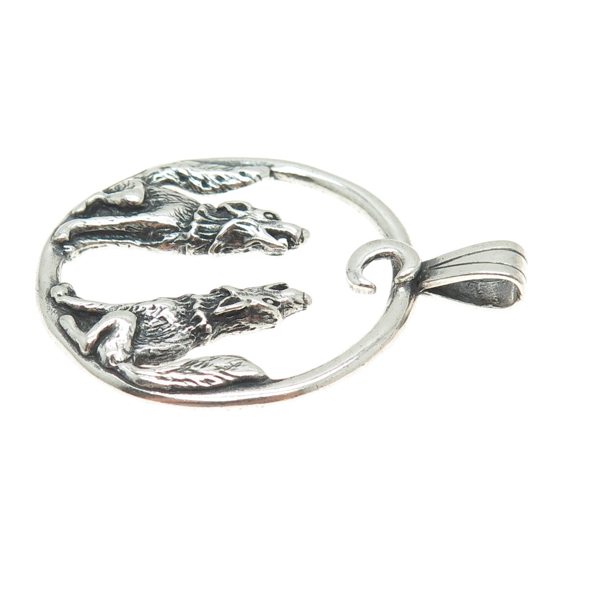 SHUBE 925 Sterling Silver Vintage Couple of Howling Wolves Pendant