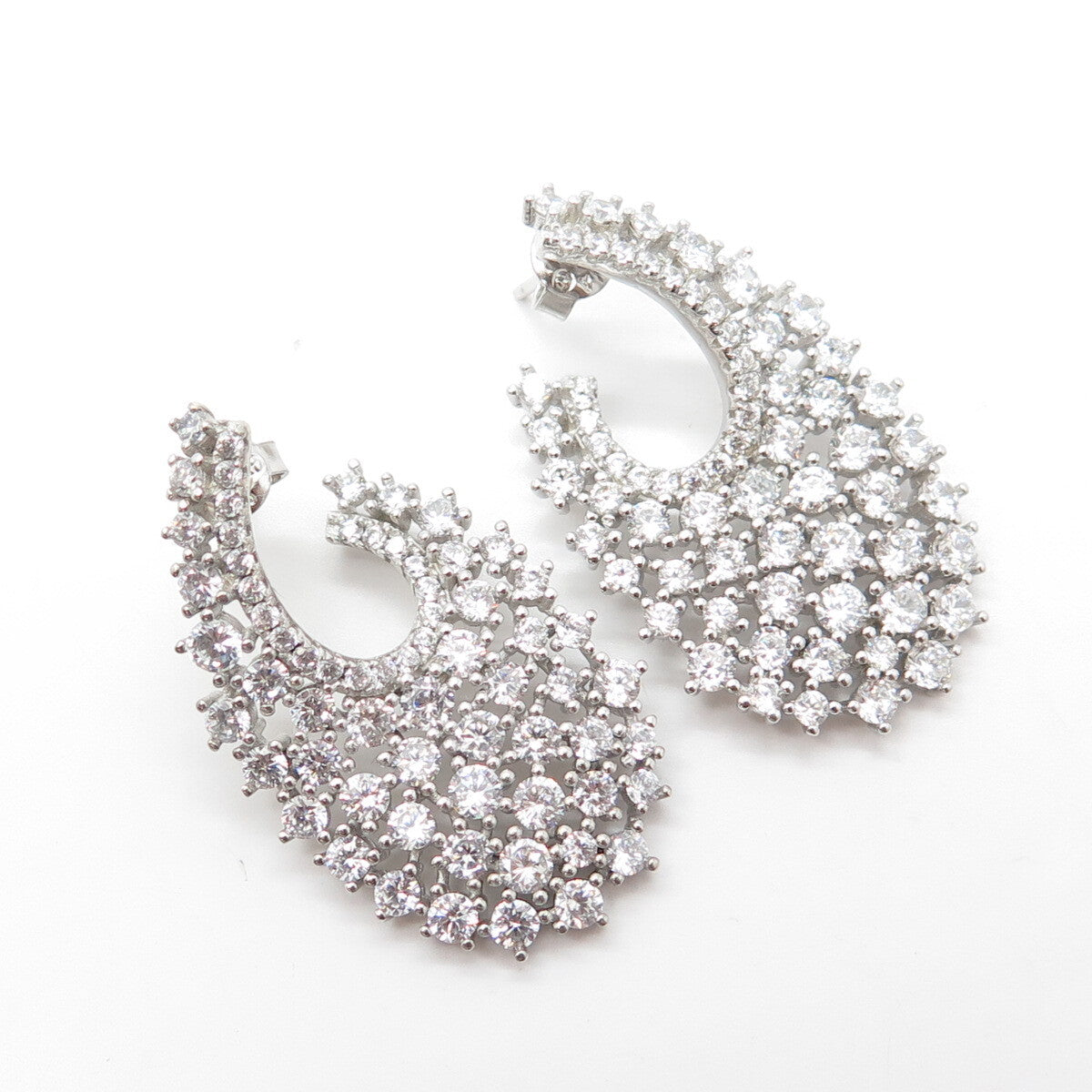 925 Sterling Silver White C Z Cluster Dangling Drop Earrings