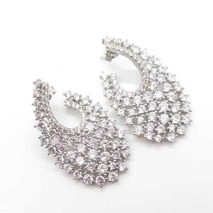 925 Sterling Silver White C Z Cluster Dangling Drop Earrings