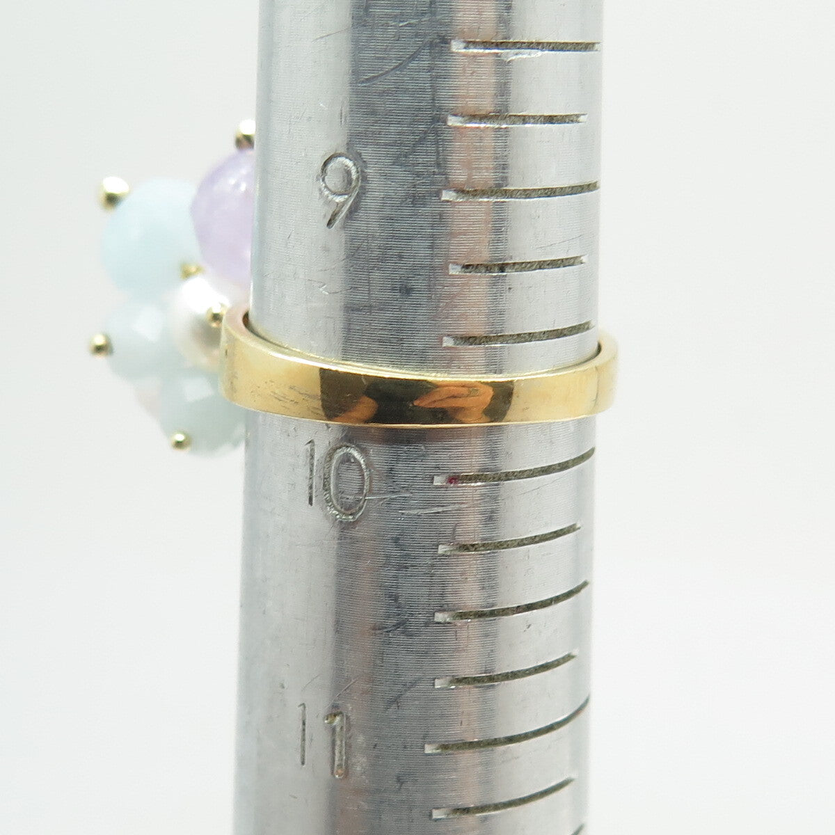 DALIA 925 Sterling Gold Plated Pearl Quartz Amethyst & Aquamarine Ring Size 9.75