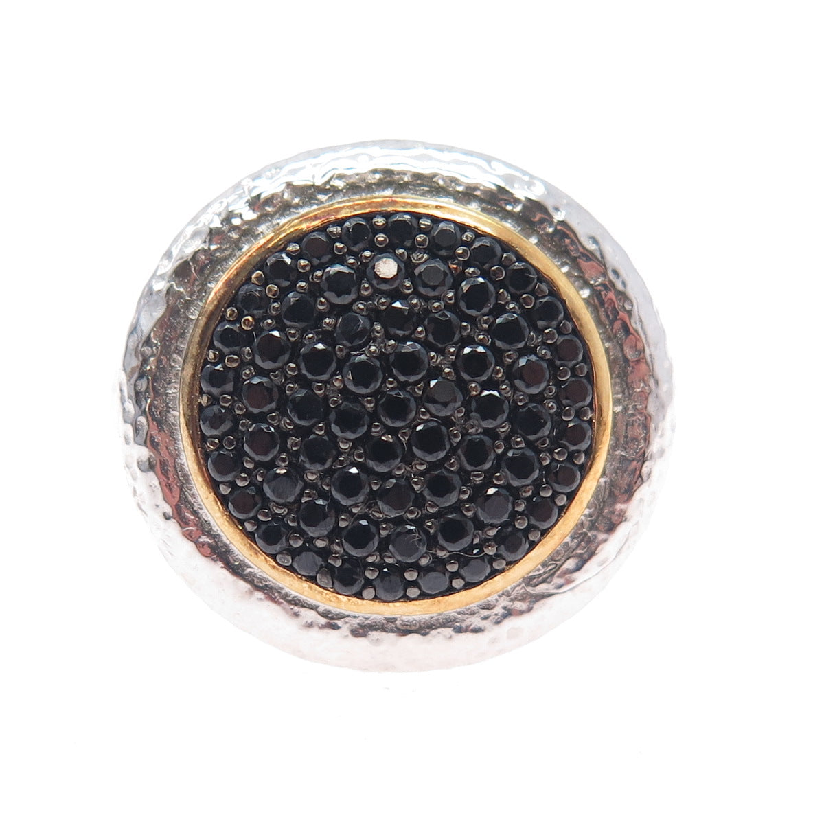 925 Sterling Silver 2-Tone Real Round-Cut Black Spinel Hammered Ring Size 10