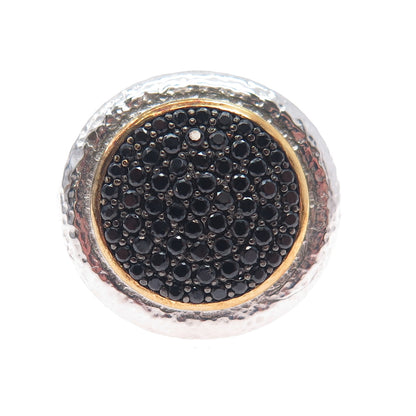 925 Sterling Silver 2-Tone Real Round-Cut Black Spinel Hammered Ring Size 10