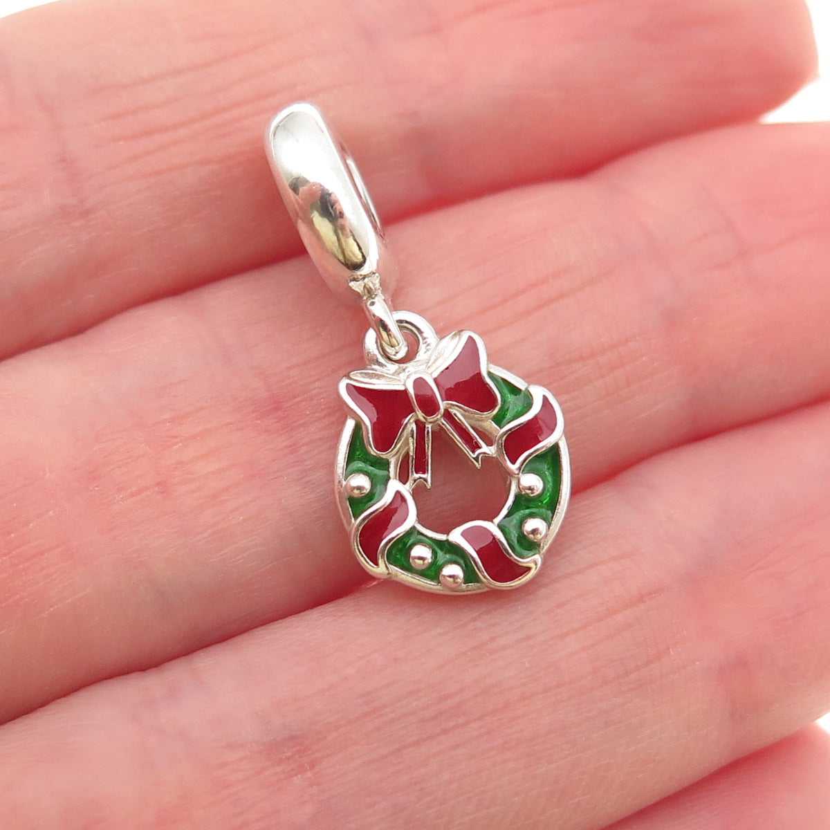 PANDORA 925 Sterling Silver Enamel Holiday Wreath Dangle Charm