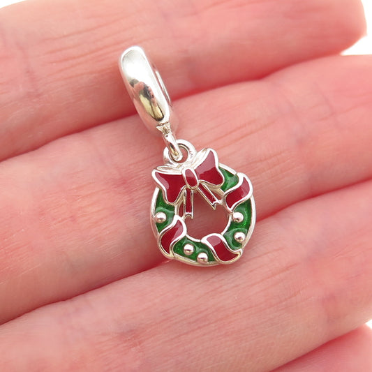 PANDORA 925 Sterling Silver Enamel Holiday Wreath Dangle Charm