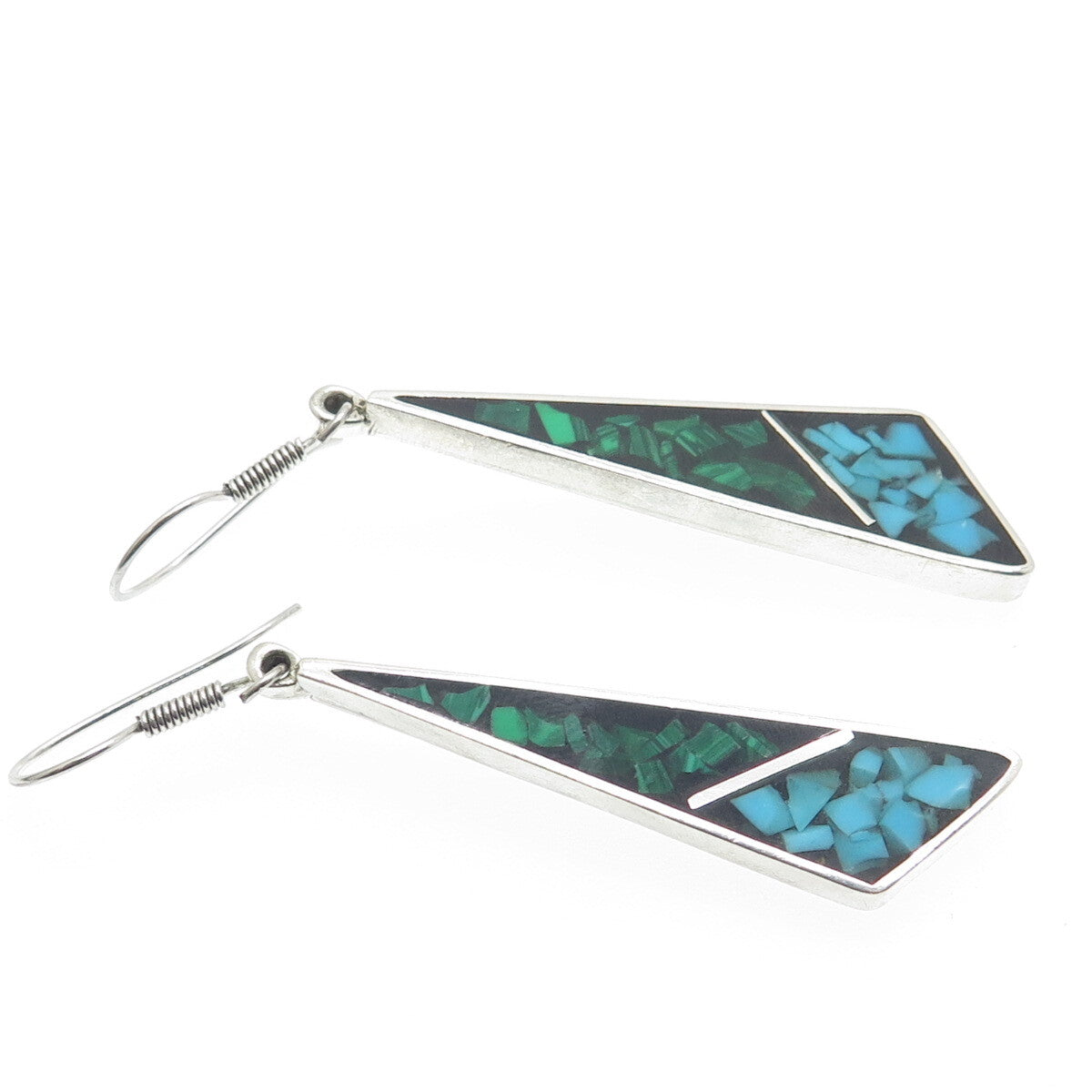 925 Sterling Silver Vintage Mexico Real Turquoise & Malachite Inlay Earrings