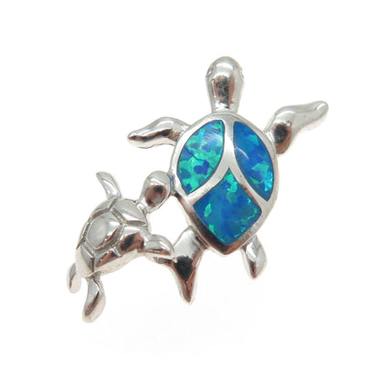 925 Sterling Silver Real Doublet Opal Gem Inlay Couple of Turtles Slide Pendant