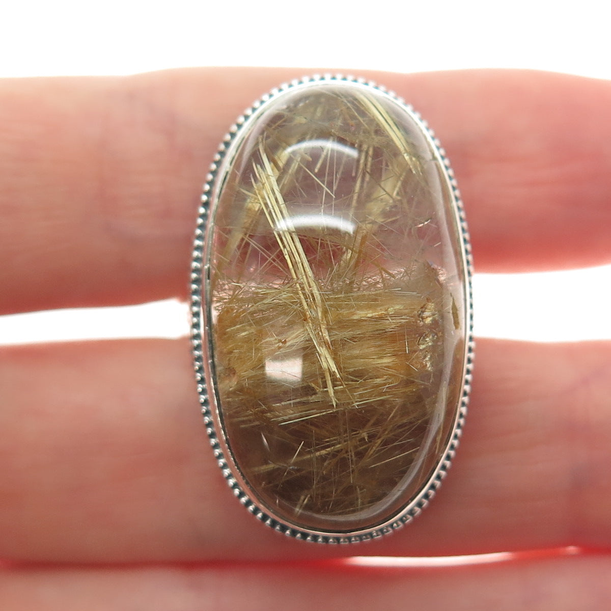 925 Sterling Silver Vintage Real Cabochon Rutilated Quartz Swirl Ring Size 9.5