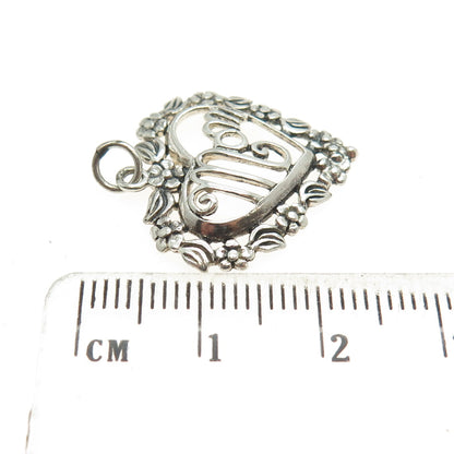 JEZLAINE 925 Sterling Silver Vintage "MOM" Flower Heart Charm Pendant