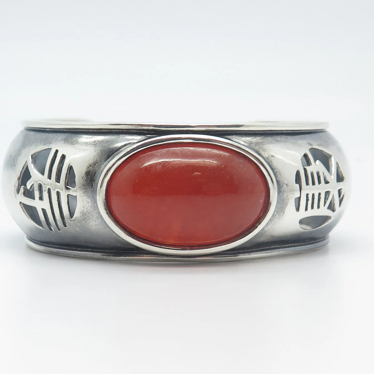 925 Sterling Silver Vintage Real Red Jade Gemstone Adjustable Cuff Bracelet 7.5"