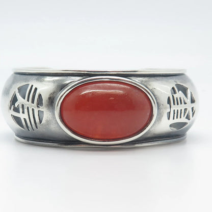 925 Sterling Silver Vintage Real Red Jade Gemstone Adjustable Cuff Bracelet 7.5"