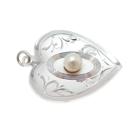 THEDA 925 Sterling Silver Vintage Real Pearl Engraved Heart Charm Pendant
