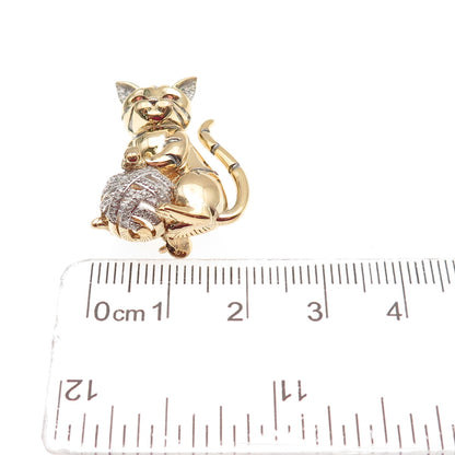 925 Sterling Gold Plated Real Diamond Red Garnet Cat Heart Brooch Slide Pendant