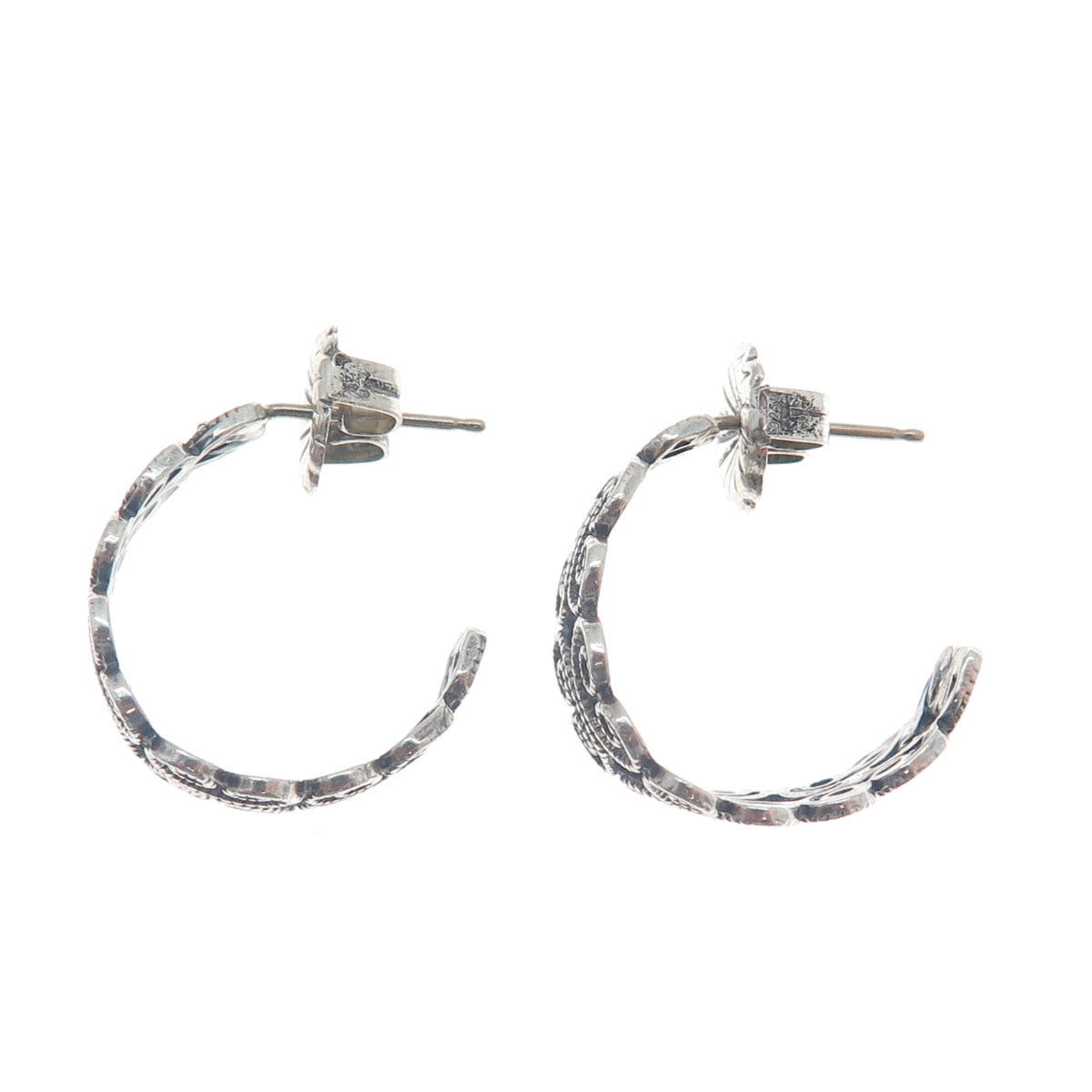 925 Sterling Silver Vintage Heart Ornate Oxidized Hoop Earrings