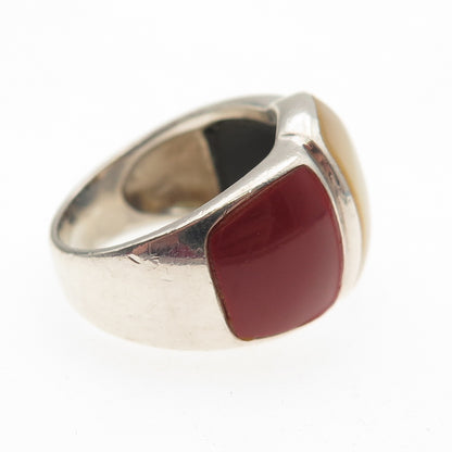 KEN CRAFTS Sterling Silver Vintage Real Black Onyx Carnelian & MOP Ring Size 6.5