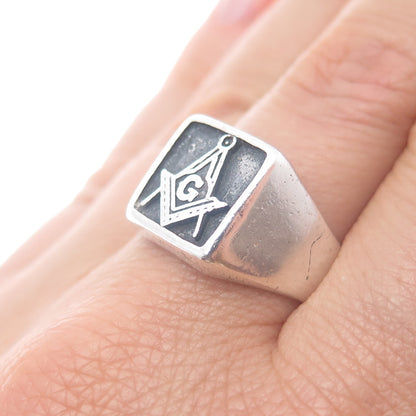 925 Sterling Silver Vintage Mexico Masonic Oxidized Signet Ring Size 9