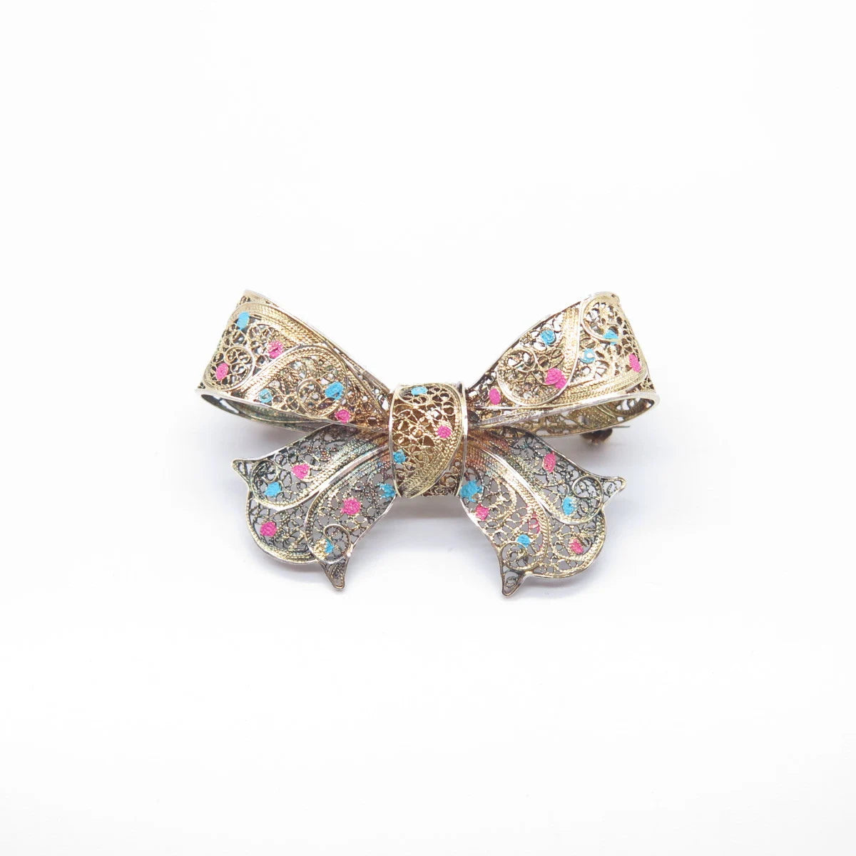 925 Sterling Silver Gold Plated Vintage Enamel Bow Filigree Pin Brooch